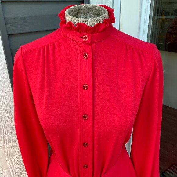 Vintage 70s Button Tie Front  Ruffle Trim Modest 60s Retro Secretary Dress - Picture 2 of 16